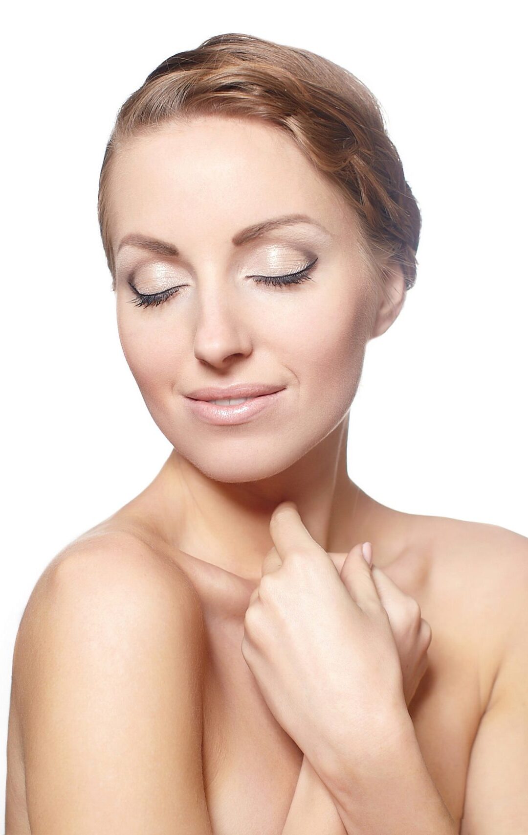 Portrait of a beautiful female model isolated on white background bright makeup curly hair style